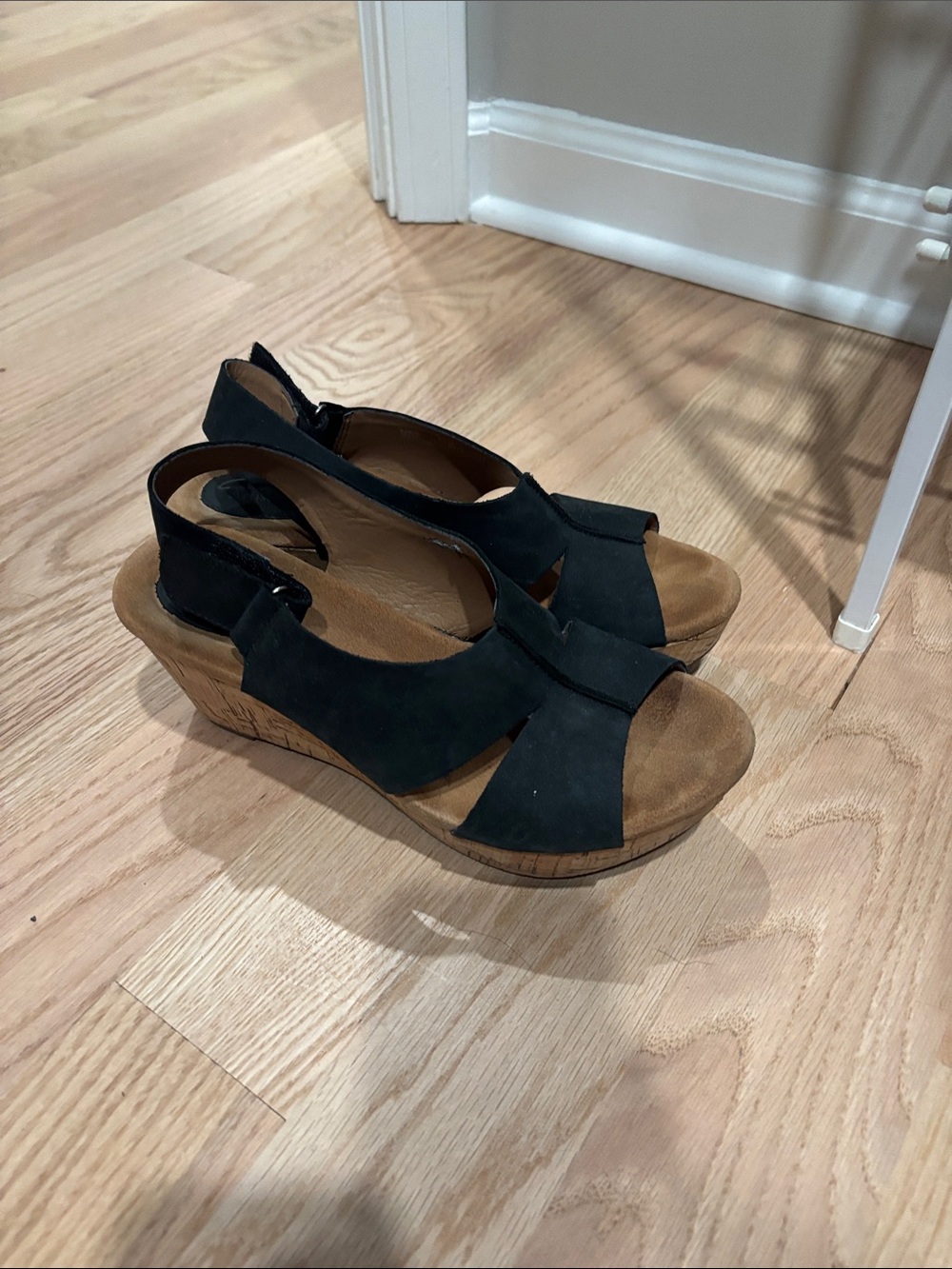 Clarks Black and Tan Wedge Slingback Sandals